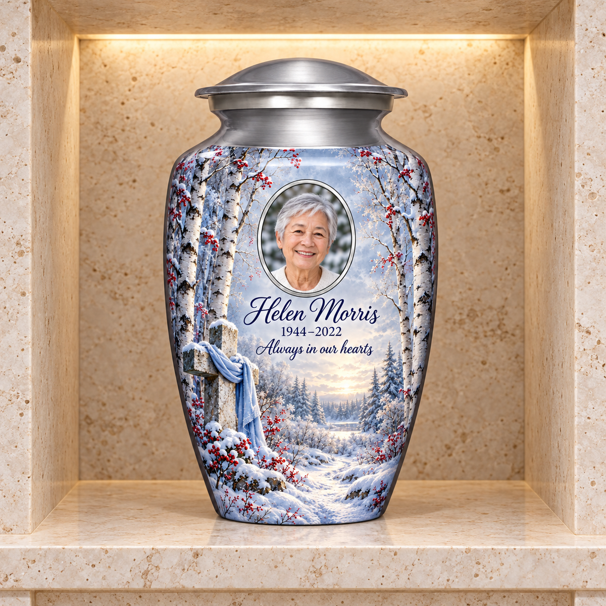 Silver adult cross urn with snowy birches and red berries displayed in a stone columbarium niche.