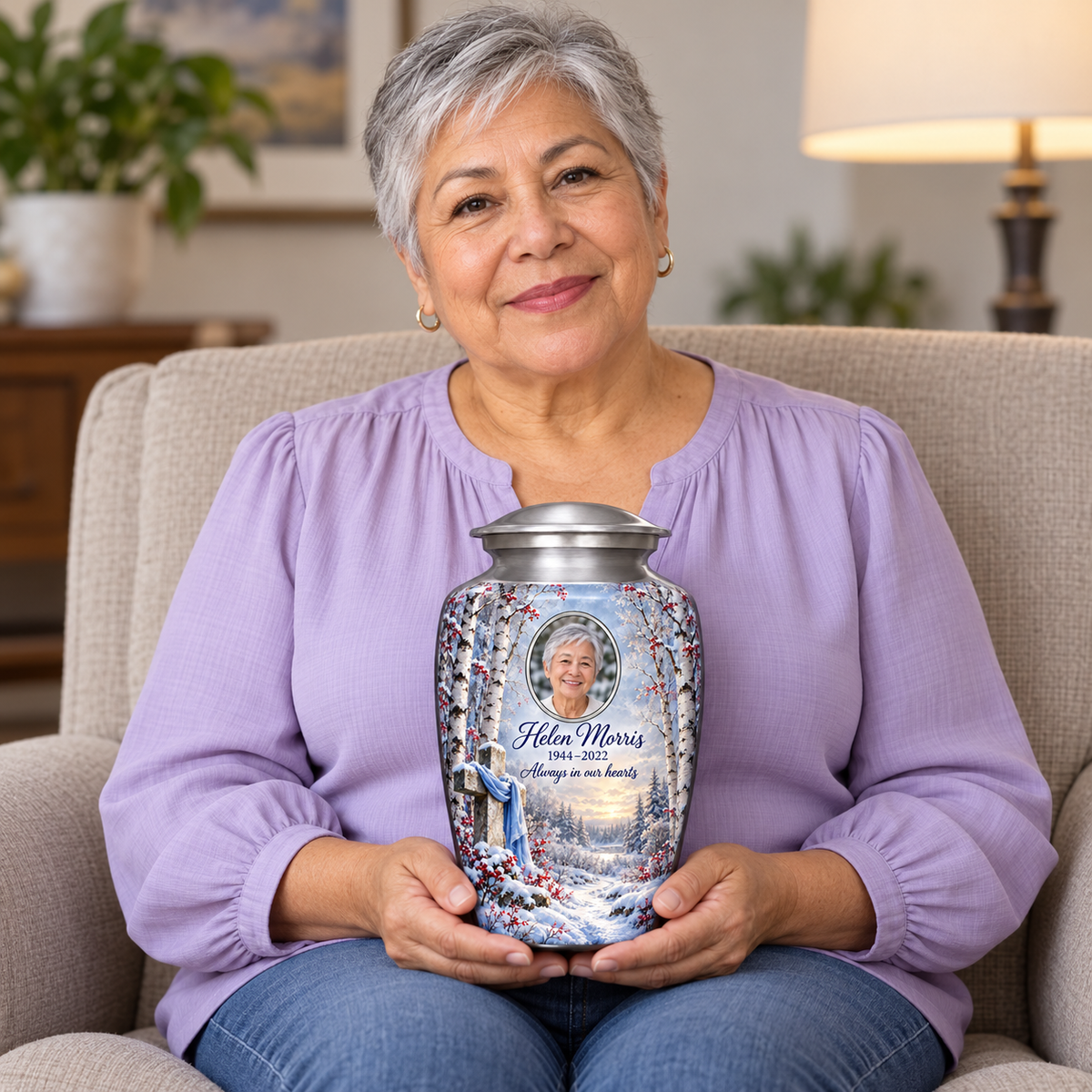 A seated person holding the silver cross urn with snowy birches and red berries on their lap.