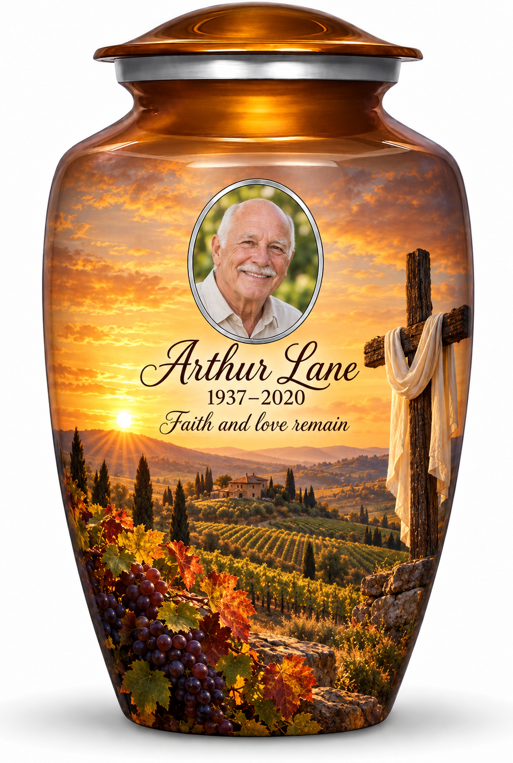 Orange adult cross urn with an amber vineyard scene, sample portrait and tribute on white.