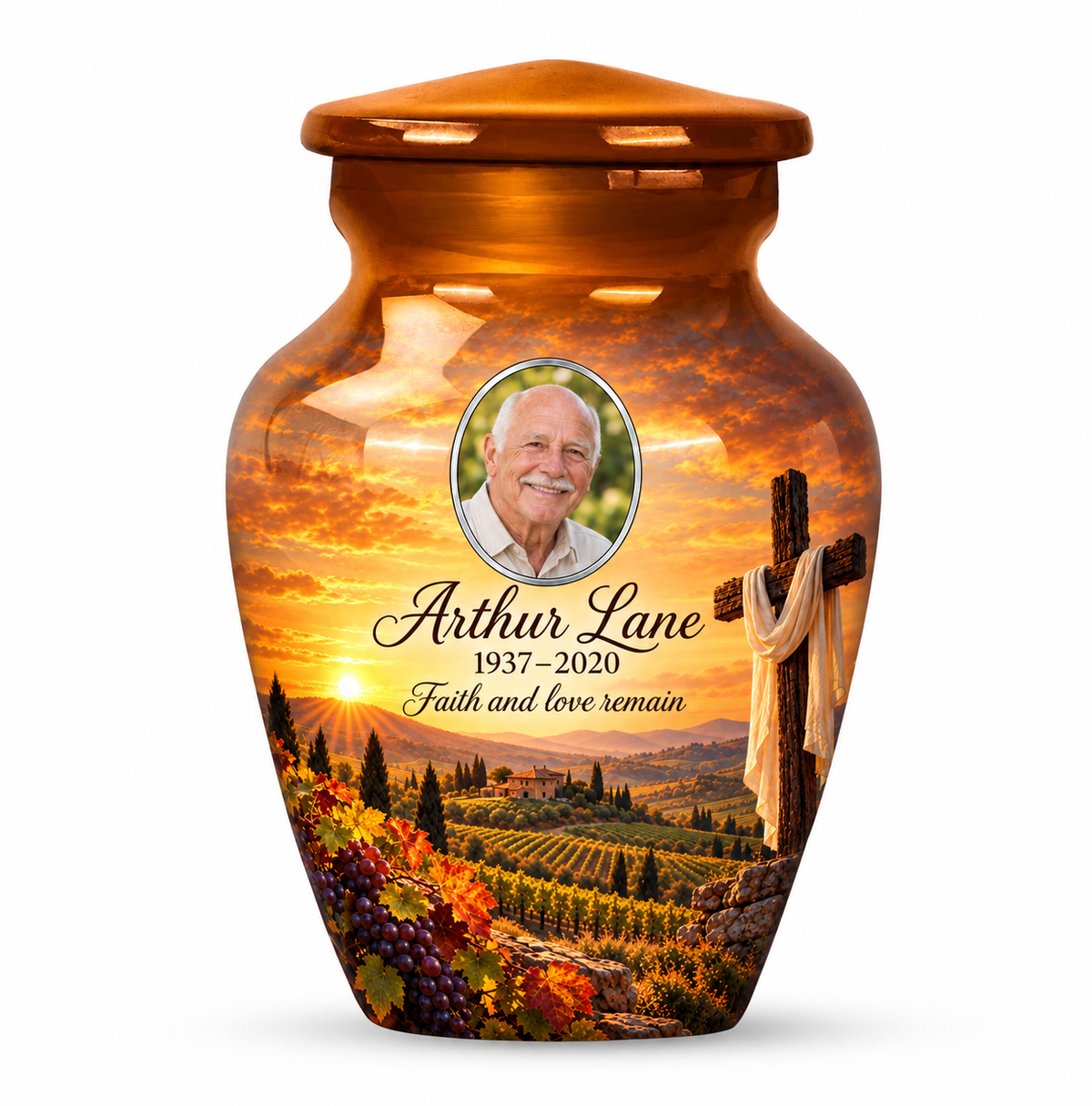 One orange cross keepsake urn with an amber vineyard scene, sample portrait and tribute on white.