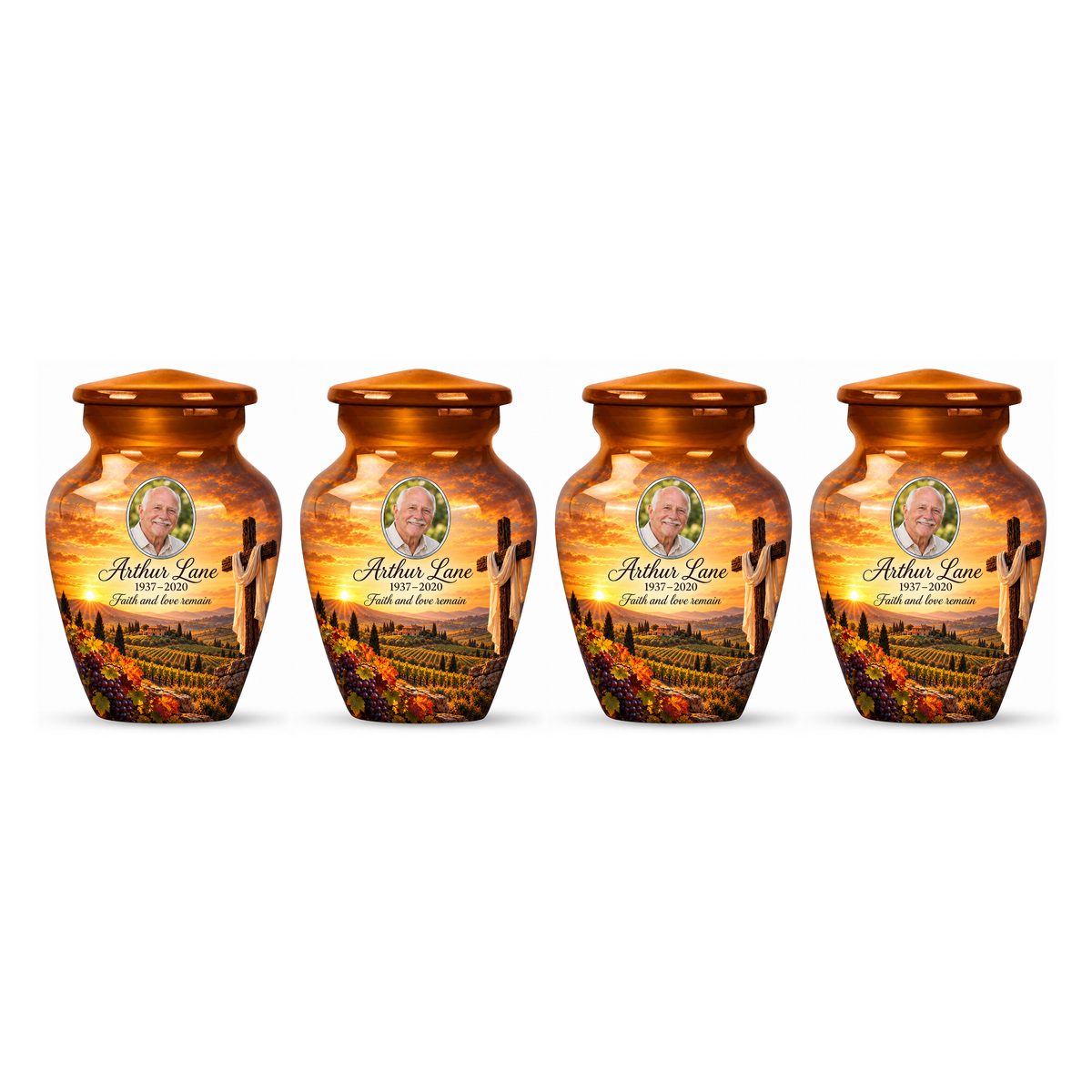 Four matching orange cross keepsake urns with an amber vineyard scene arranged on white.