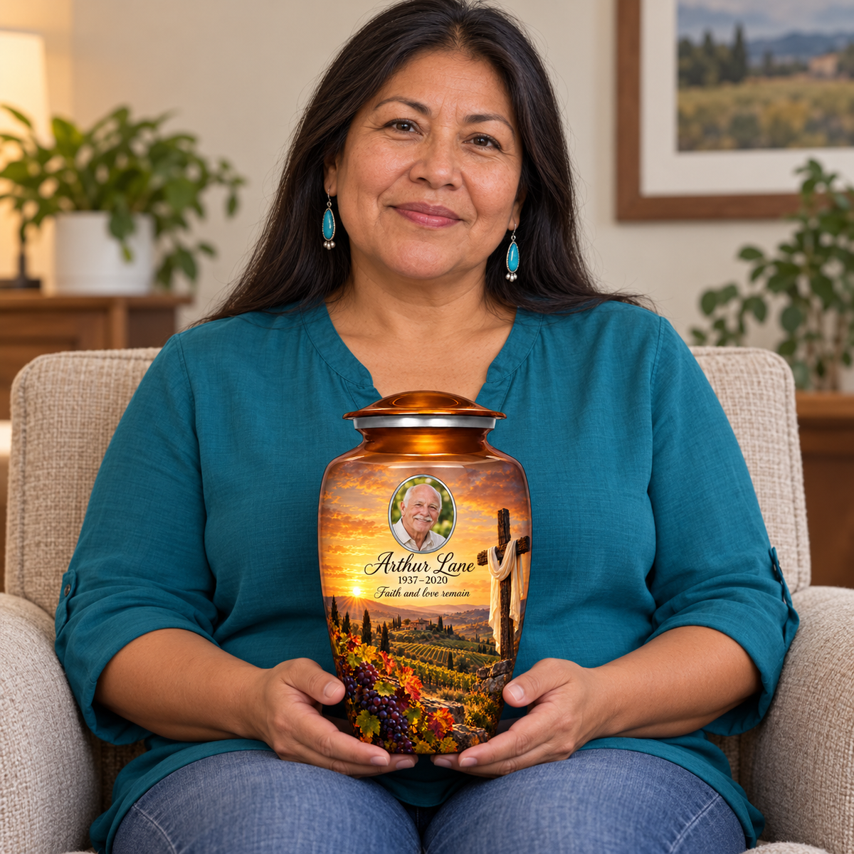 A seated person holding the orange cross urn with an amber vineyard scene on their lap.