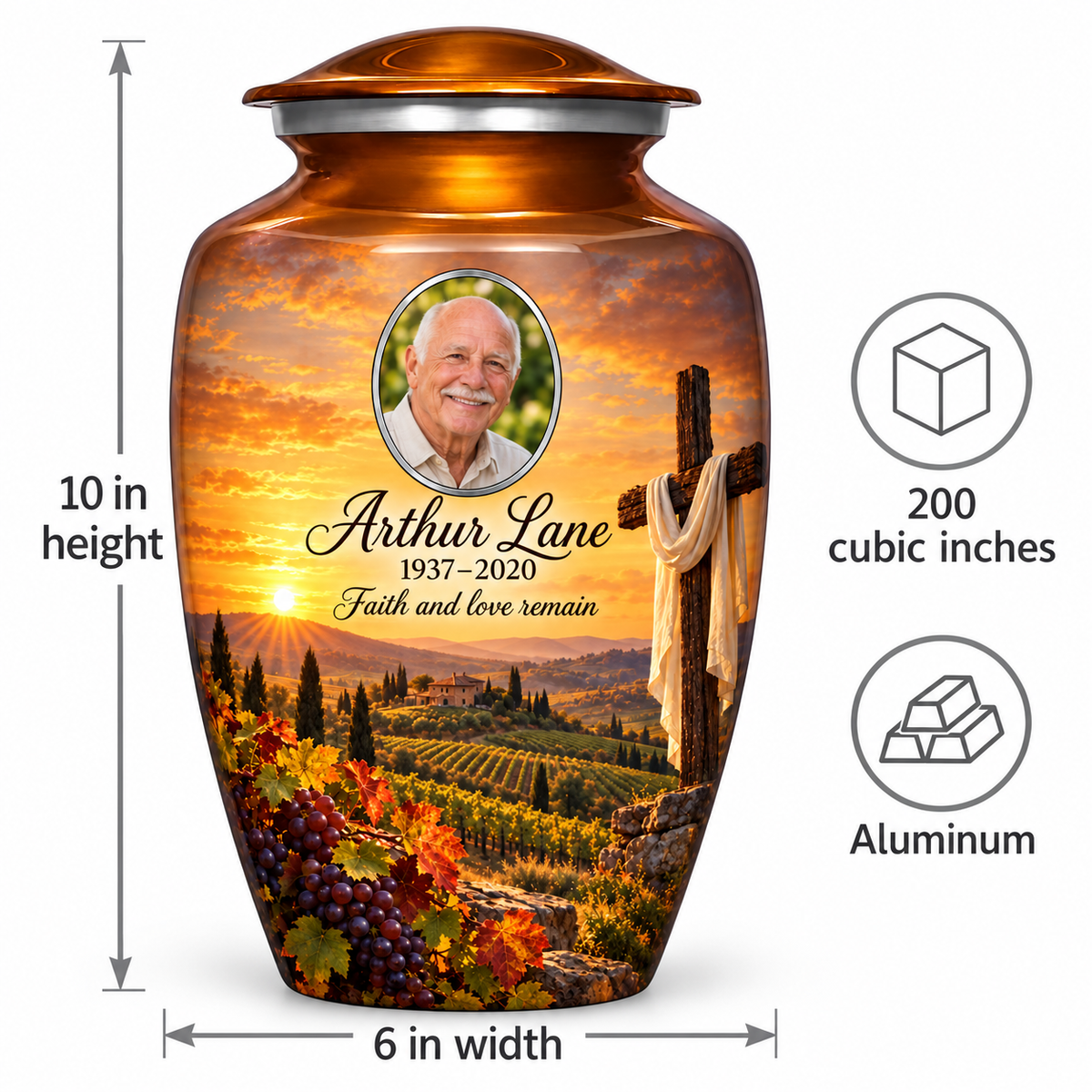 Orange cross urn size guide: adult height 10 inches, width 6 inches and capacity 200 cubic inches.