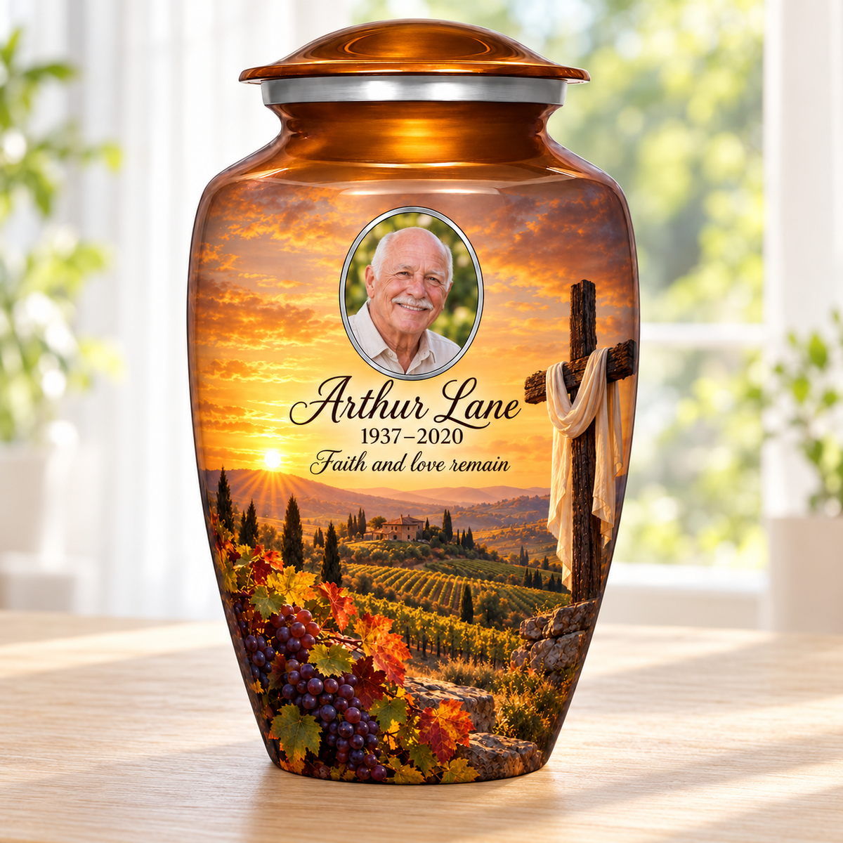 Orange adult cross urn with an amber vineyard scene beside a sunlit window.