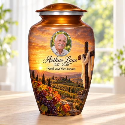 Orange adult cross urn with an amber vineyard scene beside a sunlit window.