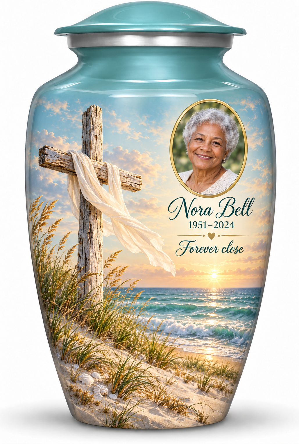 Green adult cross urn with sandy dunes and sea, sample portrait and tribute on white.