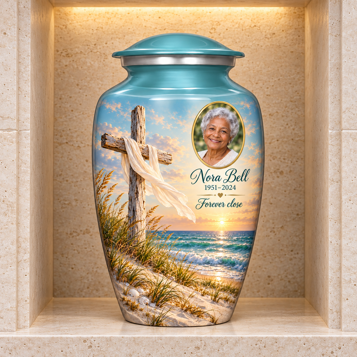 Green adult cross urn with sandy dunes and sea displayed in a stone columbarium niche.