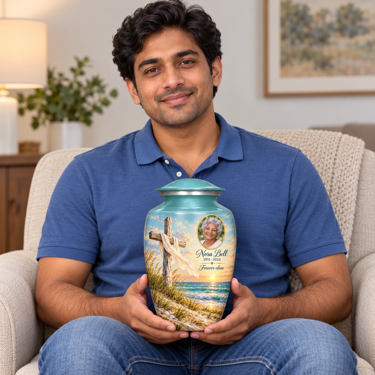 A seated person holding the green cross urn with sandy dunes and sea on their lap.