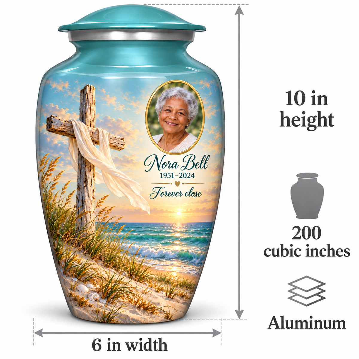 Green cross urn size guide: adult height 10 inches, width 6 inches and capacity 200 cubic inches.