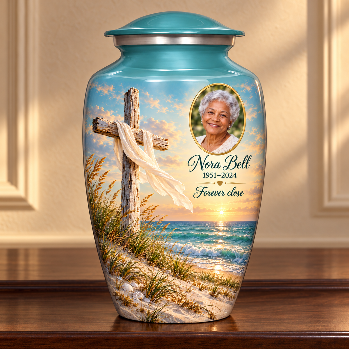 Green adult cross urn with sandy dunes and sea displayed on a memorial console.