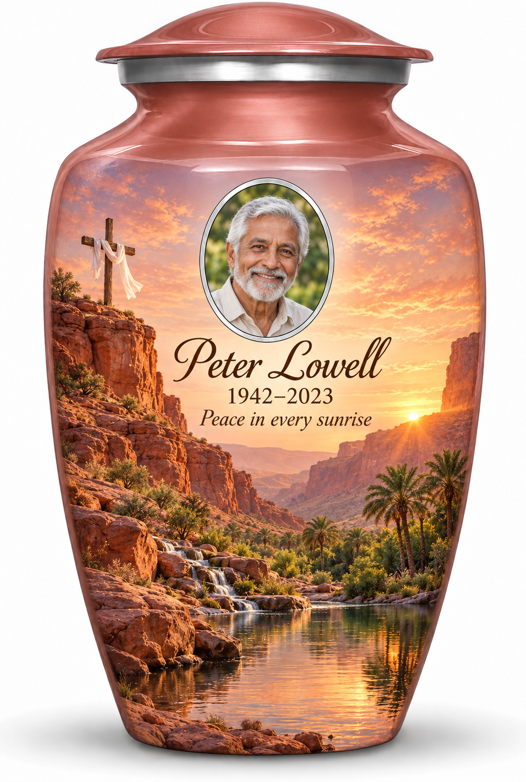 Pink adult cross urn with a pink desert oasis, sample portrait and tribute on white.