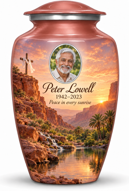 Pink adult cross urn with a pink desert oasis, sample portrait and tribute on white.
