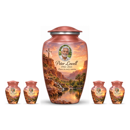One pink adult cross urn and four keepsakes with a pink desert oasis arranged on white.