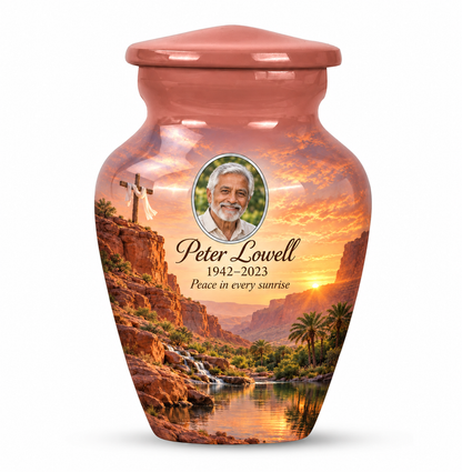 One pink cross keepsake urn with a pink desert oasis, sample portrait and tribute on white.