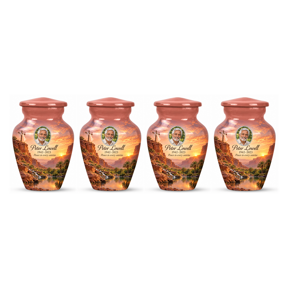 Four matching pink cross keepsake urns with a pink desert oasis arranged on white.