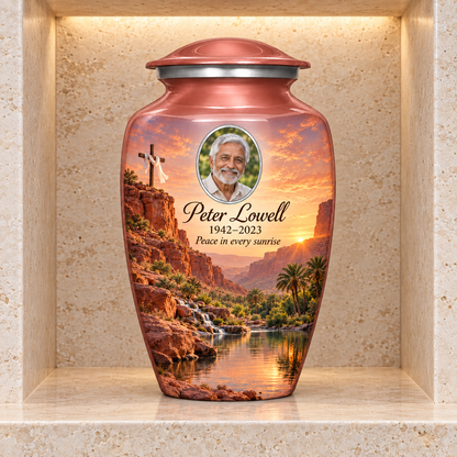 Pink adult cross urn with a pink desert oasis displayed in a stone columbarium niche.