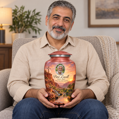 A seated person holding the pink cross urn with a pink desert oasis on their lap.
