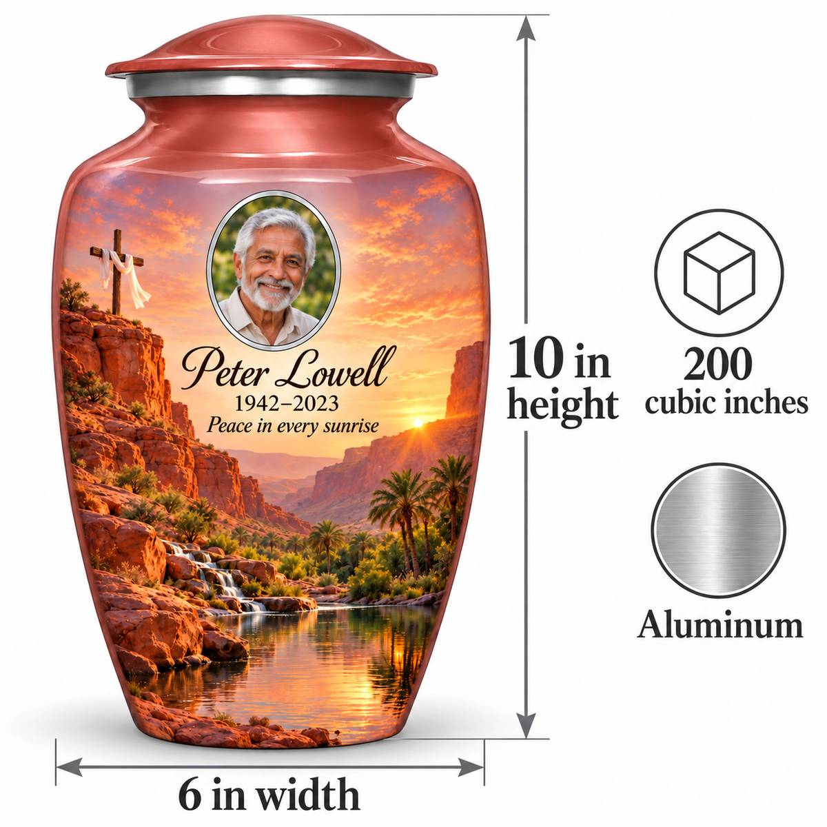 Pink cross urn size guide: adult height 10 inches, width 6 inches and capacity 200 cubic inches.