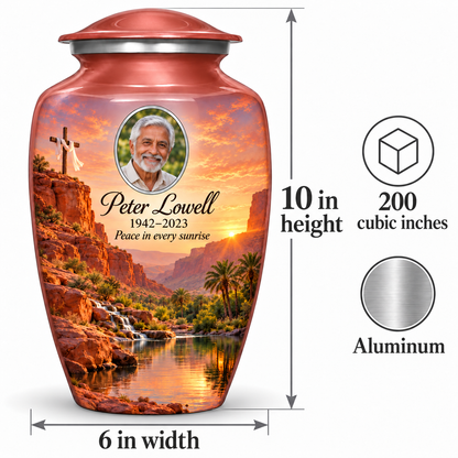 Pink cross urn size guide: adult height 10 inches, width 6 inches and capacity 200 cubic inches.