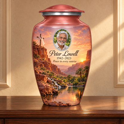 Pink adult cross urn with a pink desert oasis displayed on a memorial console.