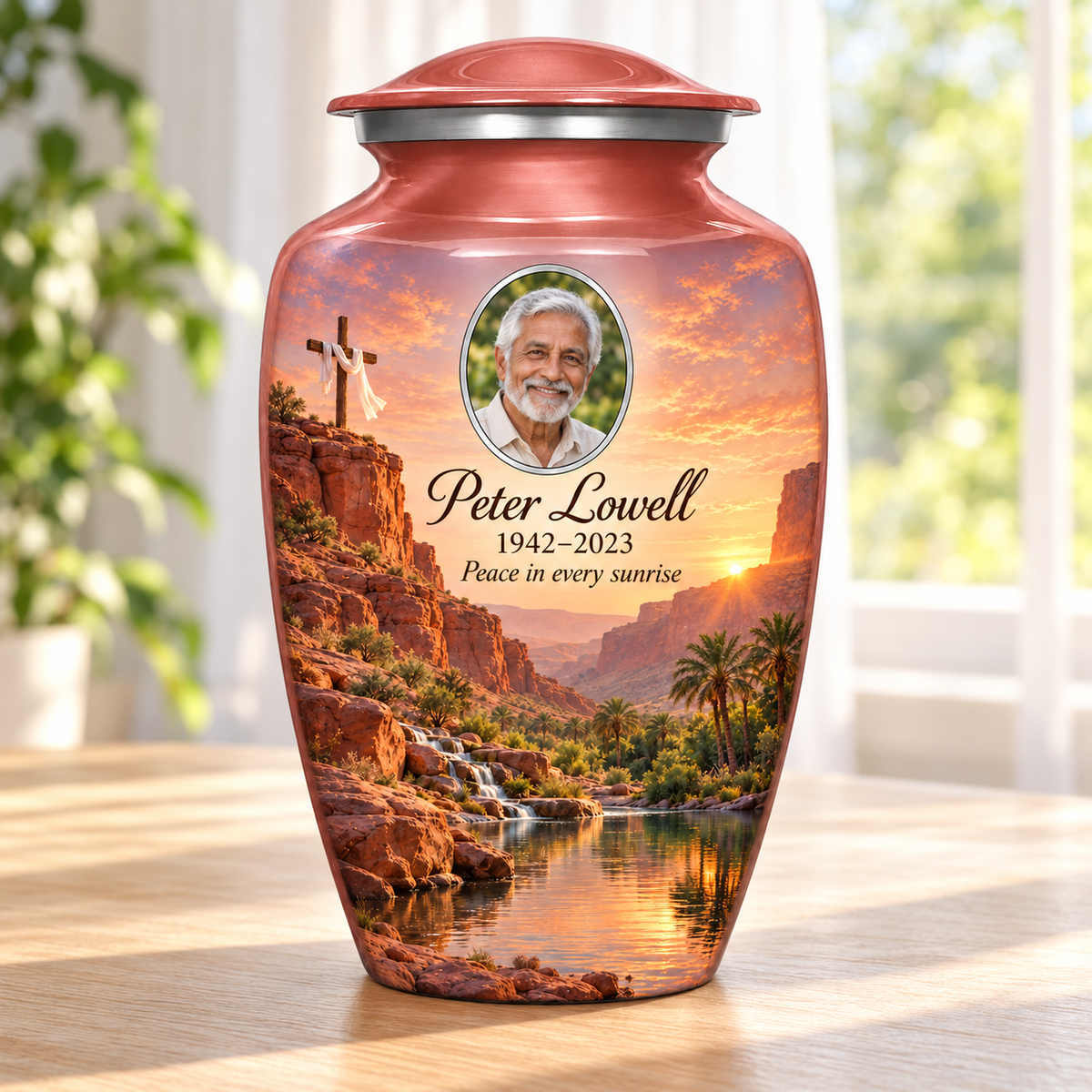 Pink adult cross urn with a pink desert oasis beside a sunlit window.