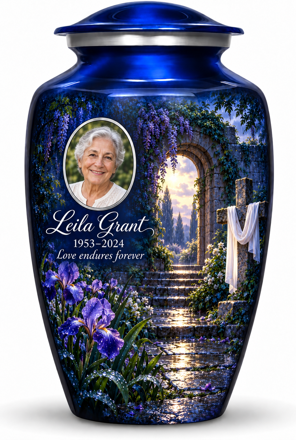 Blue adult cross urn with a blue rain garden, sample portrait and tribute on white.