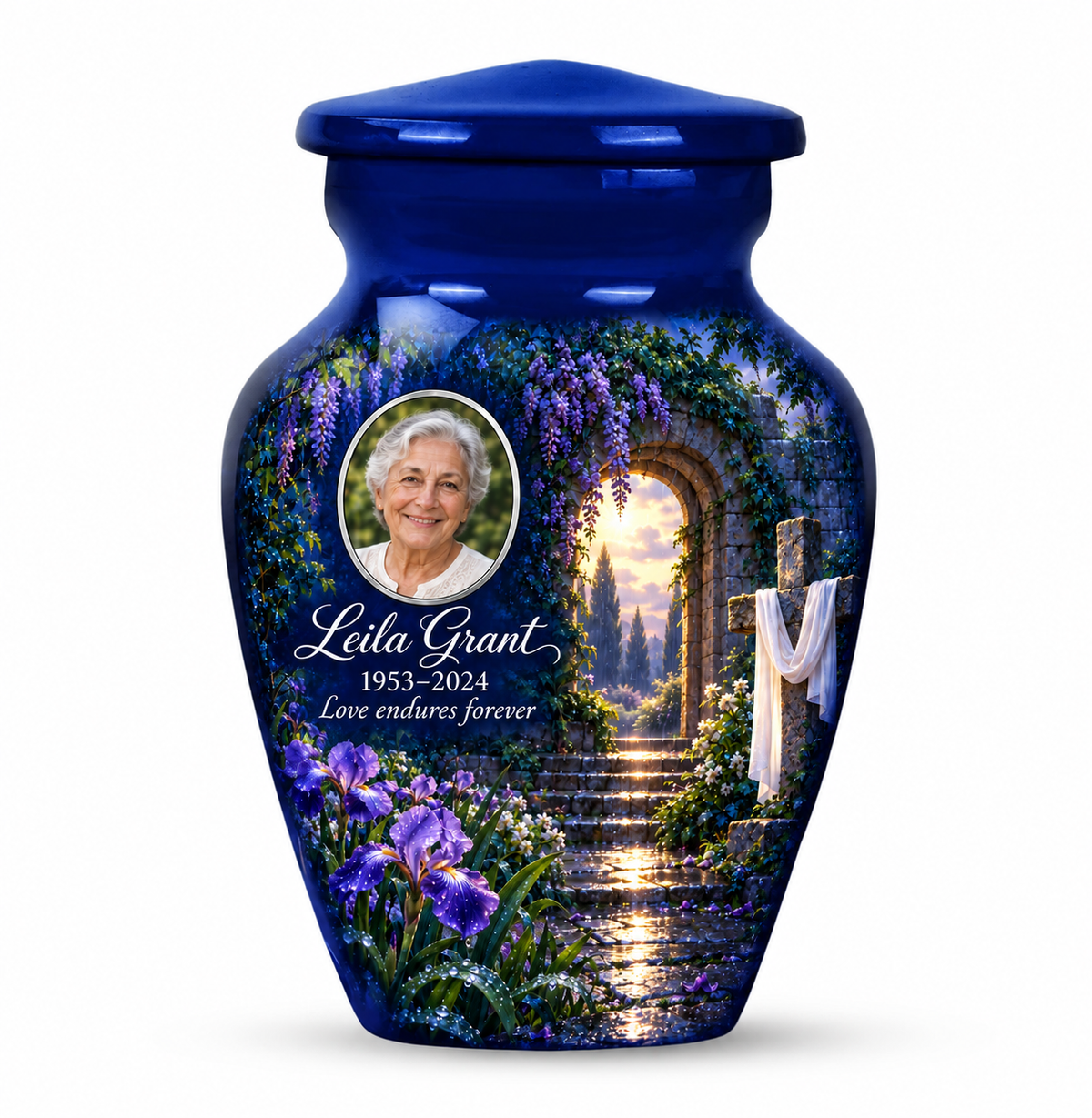 One blue cross keepsake urn with a blue rain garden, sample portrait and tribute on white.