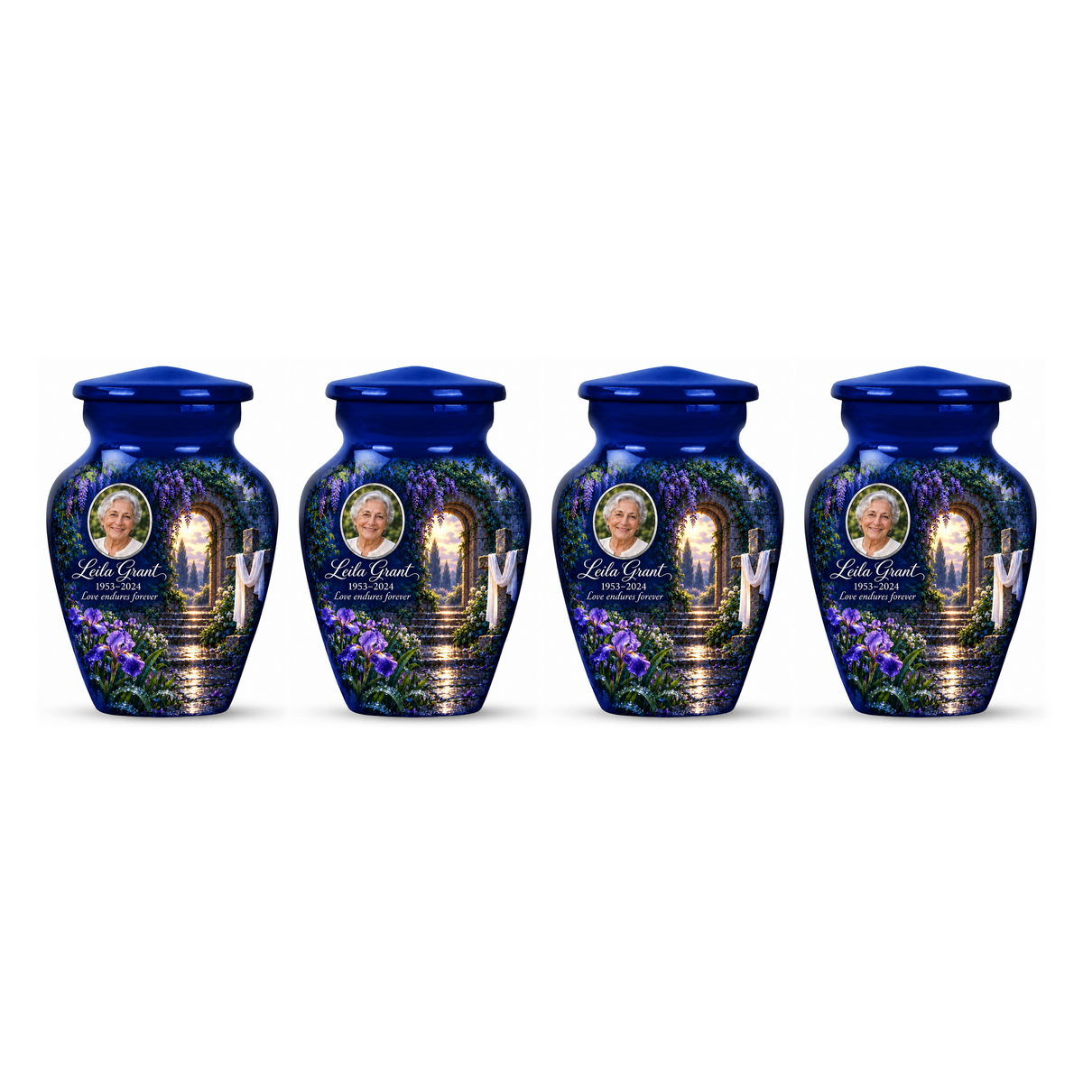 Four matching blue cross keepsake urns with a blue rain garden arranged on white.
