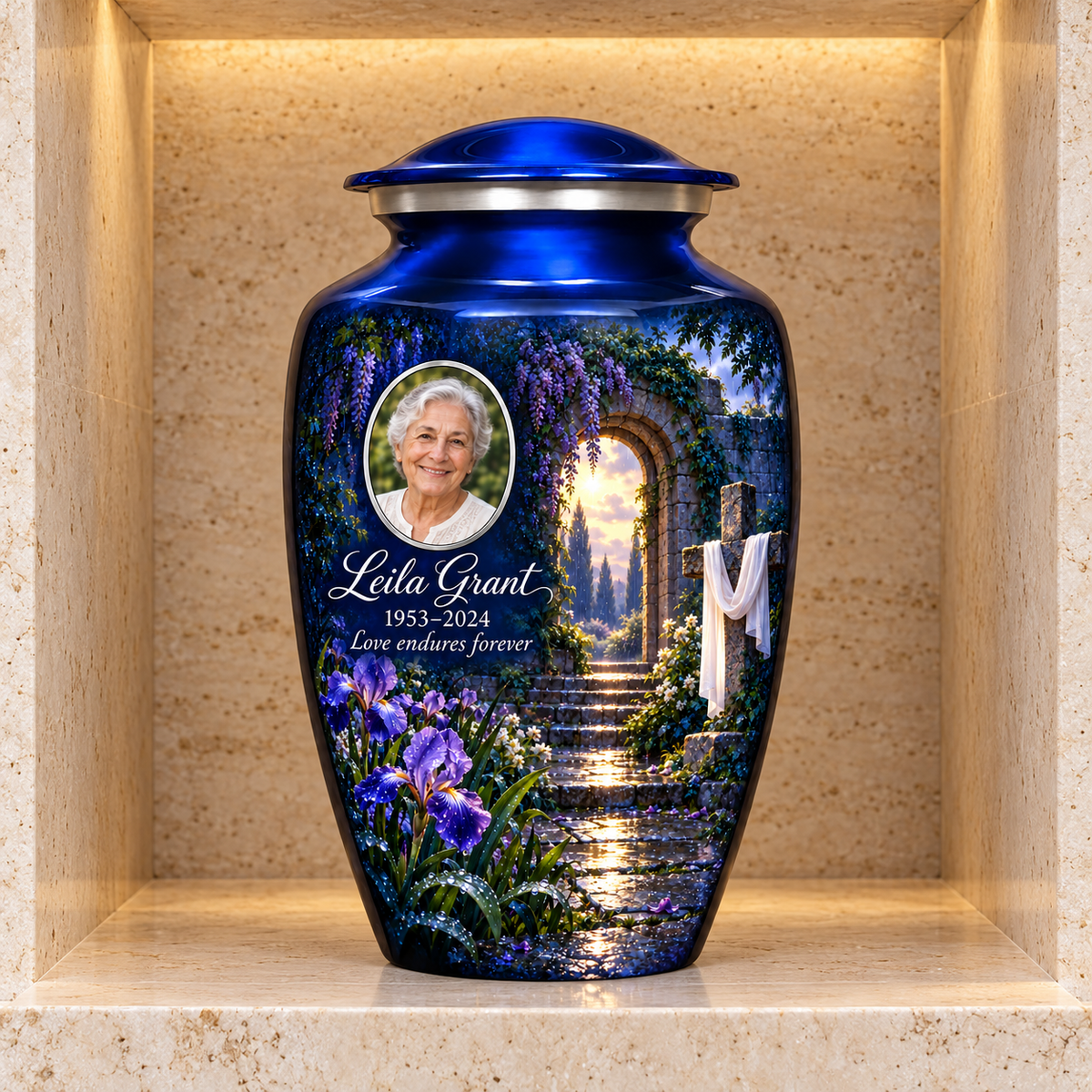 Blue adult cross urn with a blue rain garden displayed in a stone columbarium niche.