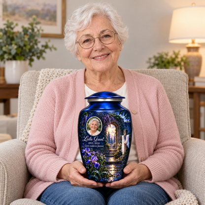 A seated person holding the blue cross urn with a blue rain garden on their lap.