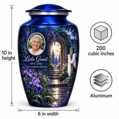 Blue cross urn size guide: adult height 10 inches, width 6 inches and capacity 200 cubic inches.