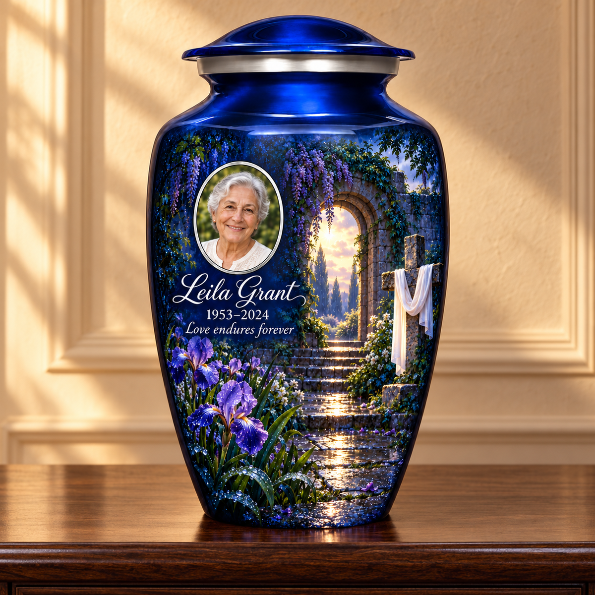 Blue adult cross urn with a blue rain garden displayed on a memorial console.