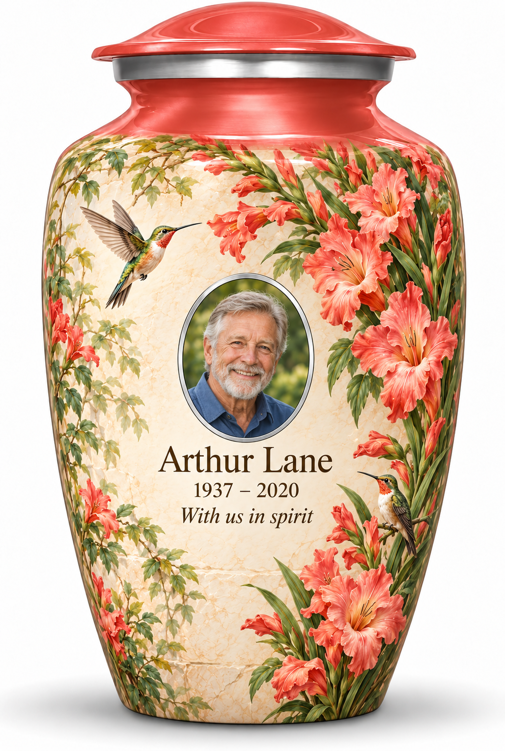 Red hummingbird adult urn with coral gladiolus flowers and leafy greenery and Arthur Lane sample portrait and personalized text