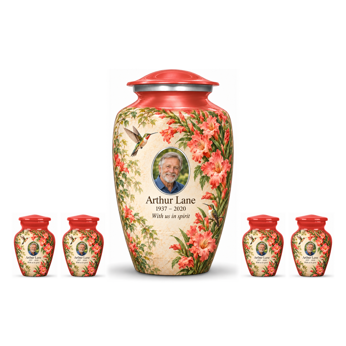 One red hummingbird adult urn with four matching keepsakes, all with Arthur Lane sample photo and text