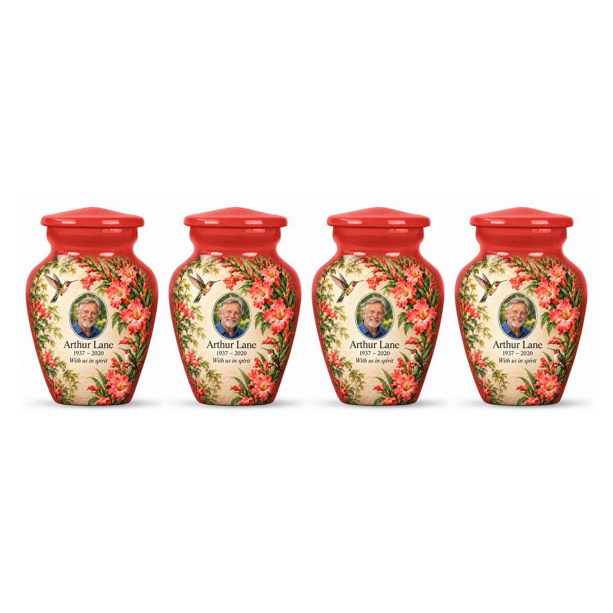 Four matching red hummingbird keepsake urns with Arthur Lane sample photo and text
