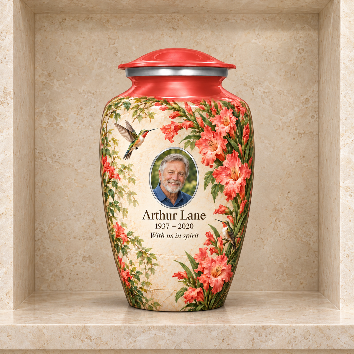 Red hummingbird adult urn with Arthur Lane sample photo and text displayed in a stone columbarium niche