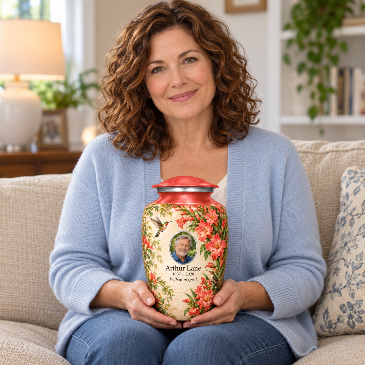 A seated person holding the red hummingbird adult urn with Arthur Lane sample photo and text