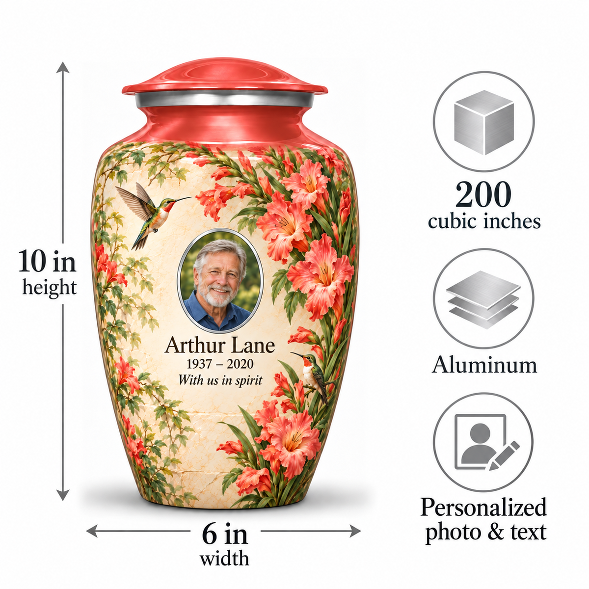 Red hummingbird adult urn size guide showing 10 inch height, 6 inch width, 200 cubic inches, Aluminum and personalized photo and text