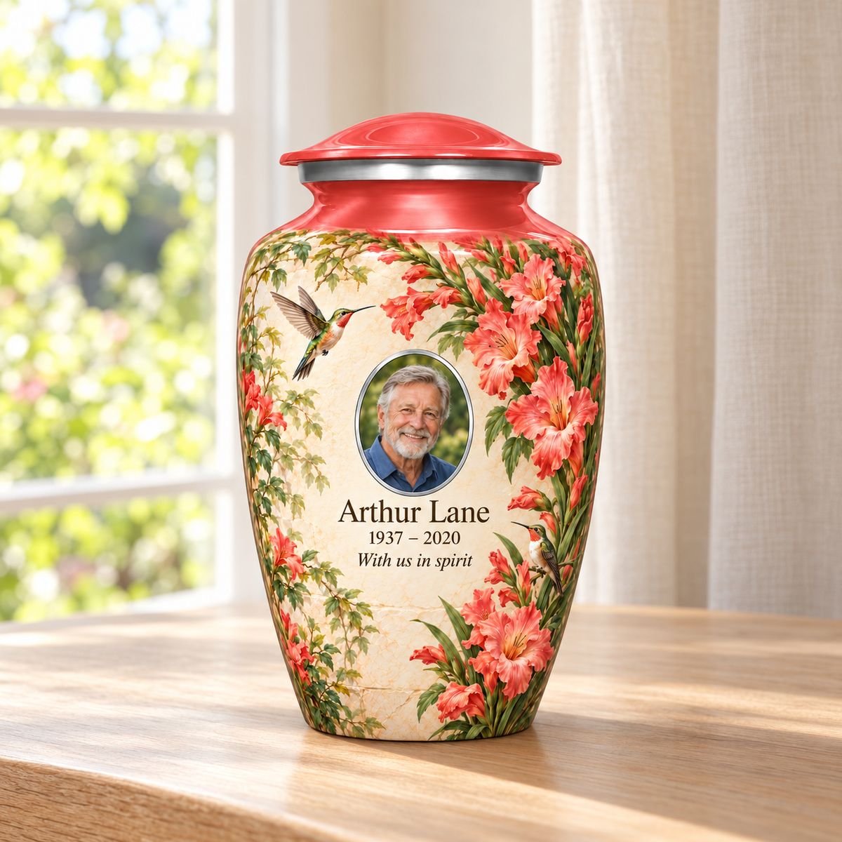 Red hummingbird adult urn with coral gladiolus flowers and leafy greenery and Arthur Lane sample photo and text in a sunlit home
