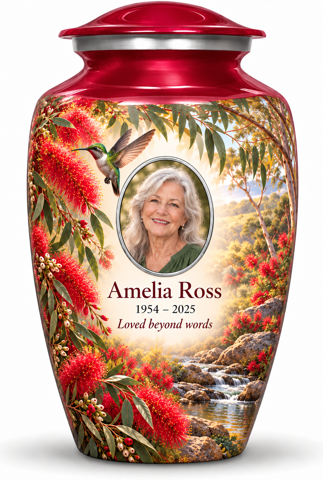 Crimson red hummingbird adult urn with red bottlebrush flowers and a rocky creek, Amelia Ross sample portrait and memorial text on white.