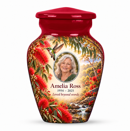 One crimson red hummingbird keepsake urn with red bottlebrush flowers and a rocky creek, Amelia Ross sample portrait and memorial text on white.