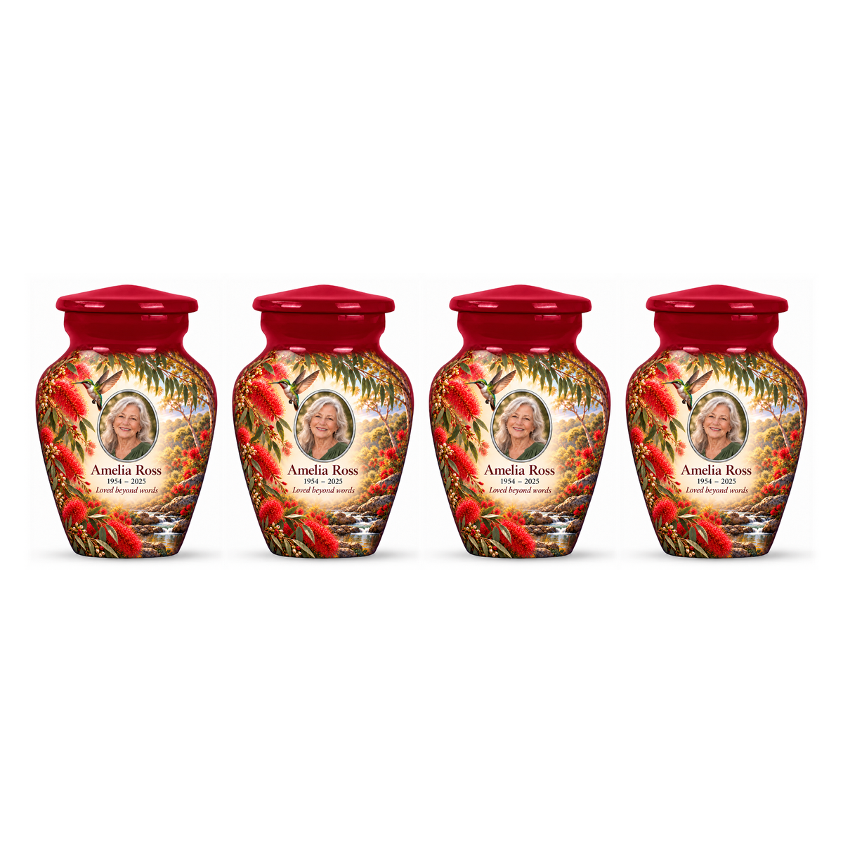 Four matching crimson red hummingbird keepsake urns in a row on white, each with Amelia Ross sample portrait and memorial text.