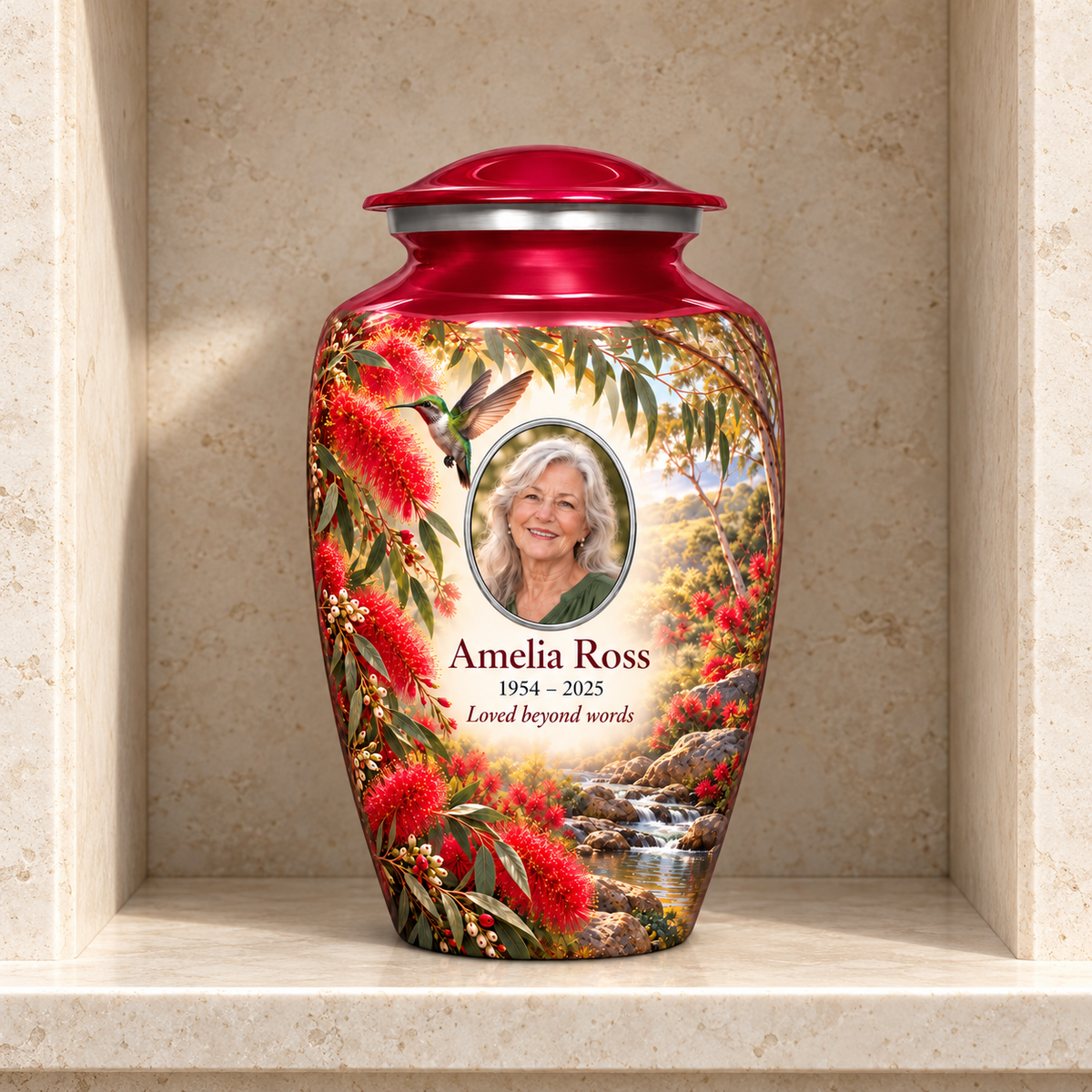 Crimson red hummingbird adult urn with Amelia Ross sample portrait and memorial text in a stone columbarium niche.