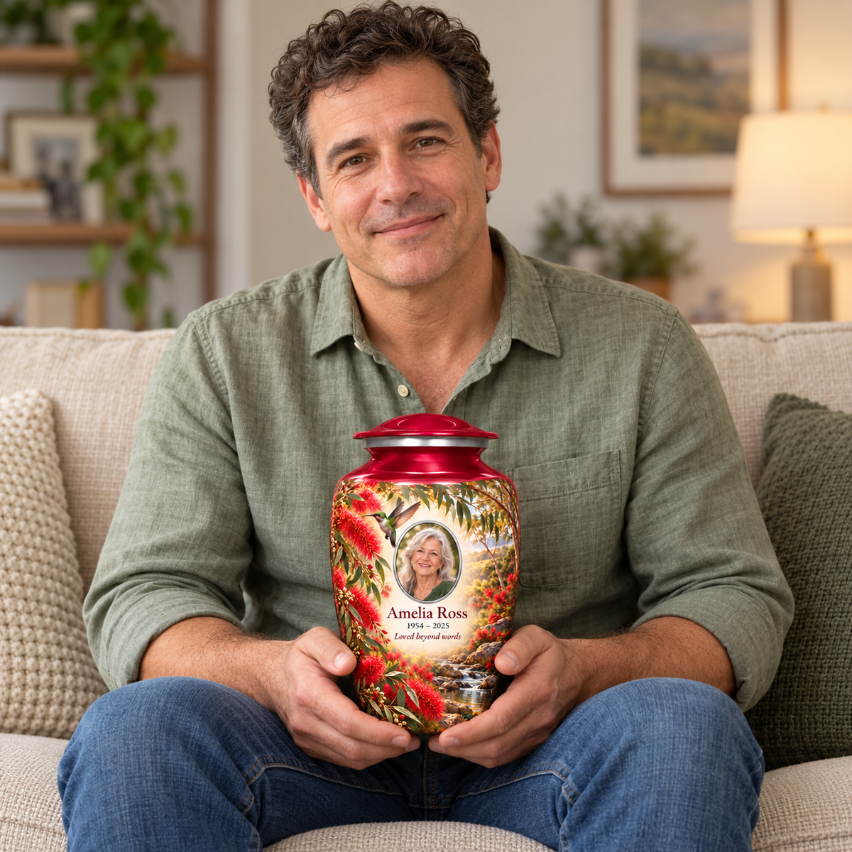 A seated person holding the crimson red hummingbird adult urn with Amelia Ross sample portrait and memorial text on their lap.