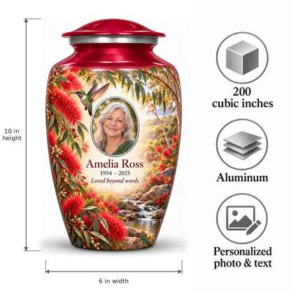 Crimson red hummingbird adult urn size guide: 10 inch height, 6 inch width, 200 cubic inches, Aluminum, and personalized photo and text.