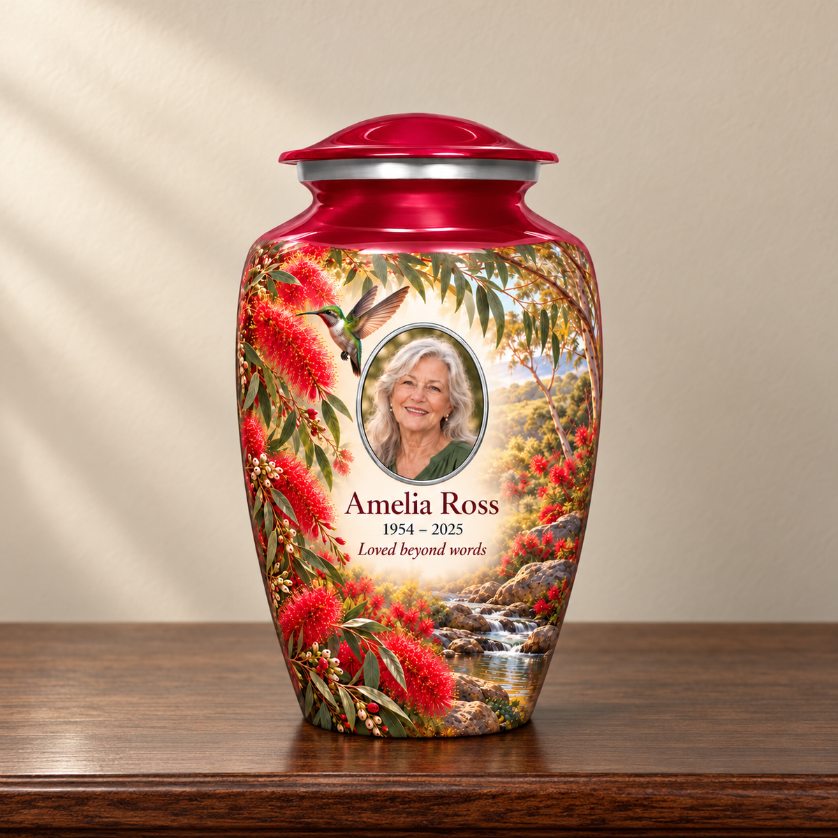 Crimson red hummingbird adult urn with Amelia Ross sample portrait and memorial text on a wooden memorial console.
