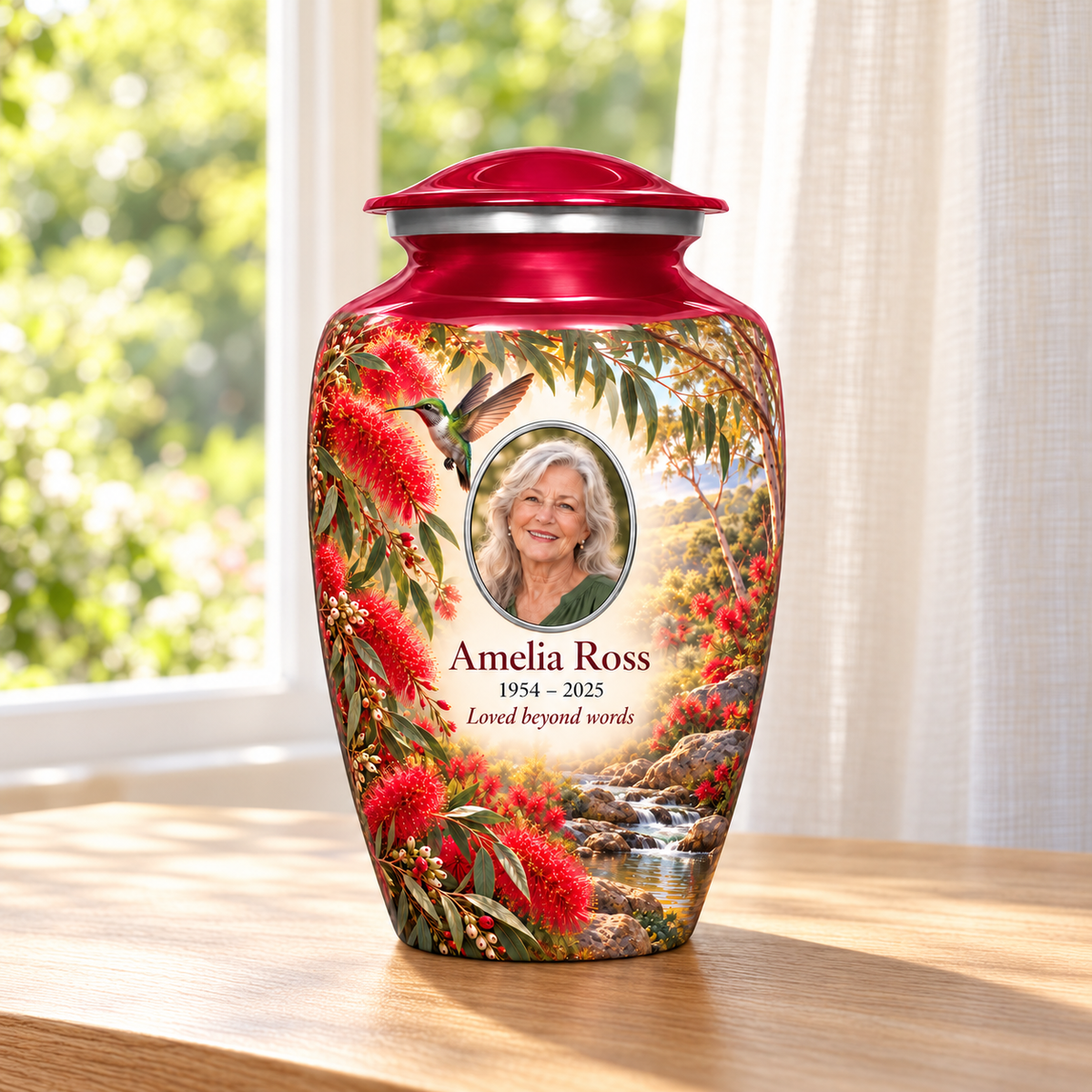 Crimson red hummingbird adult urn with Amelia Ross sample portrait and memorial text on a wooden table beside a sunlit window.