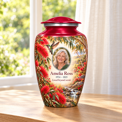 Crimson red hummingbird adult urn with Amelia Ross sample portrait and memorial text on a wooden table beside a sunlit window.