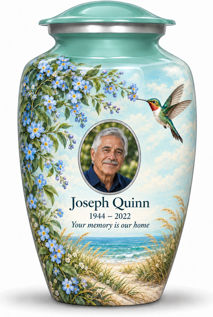 Seafoam green hummingbird adult urn with blue forget-me-nots and a coastal scene, Joseph Quinn sample portrait and memorial text on white.
