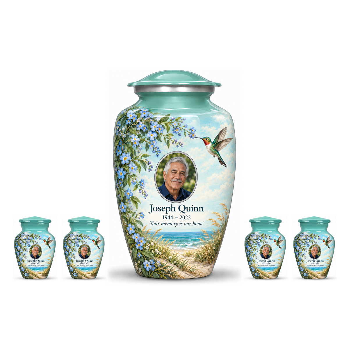 One seafoam green hummingbird adult urn centered between four matching keepsakes on white, all with Joseph Quinn sample portrait and memorial text.